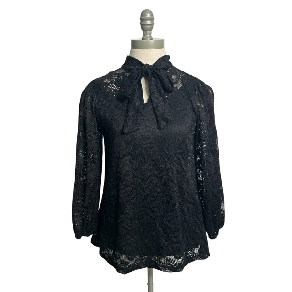 Cable & Gauge Black Lace Tie Neck Long Sleeve Blouse Women’s Size Small - Picture 4 of 11
